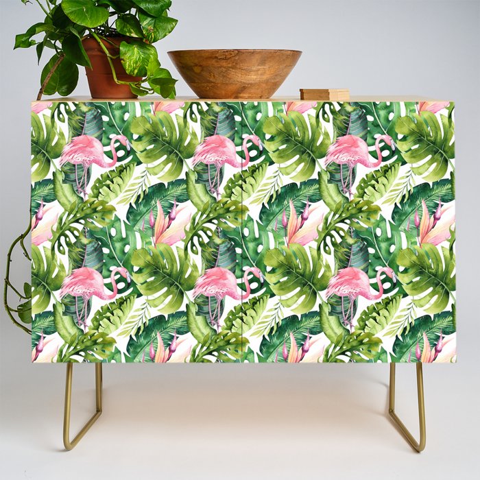 Flamingo Tropical, Colorful Tropical Jungle Monstera Painting, Watercolor Birds Banana Leaves Credenza Gallery Image 1
