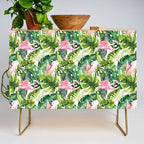 Flamingo Tropical, Colorful Tropical Jungle Monstera Painting, Watercolor Birds Banana Leaves Credenza Gallery Image 1