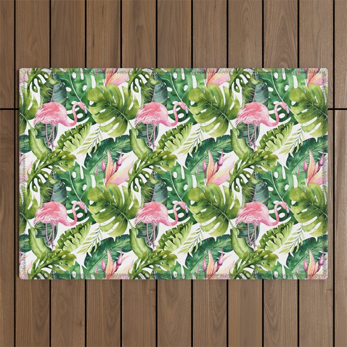 Flamingo Tropical, Colorful Tropical Jungle Monstera Painting, Watercolor Birds Banana Leaves Outdoor Rug Gallery Image 1