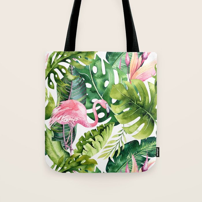 Flamingo Tropical, Colorful Tropical Jungle Monstera Painting, Watercolor Birds Banana Leaves Tote Bag Gallery Image 1