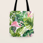 Flamingo Tropical, Colorful Tropical Jungle Monstera Painting, Watercolor Birds Banana Leaves Tote Bag Gallery Image 1