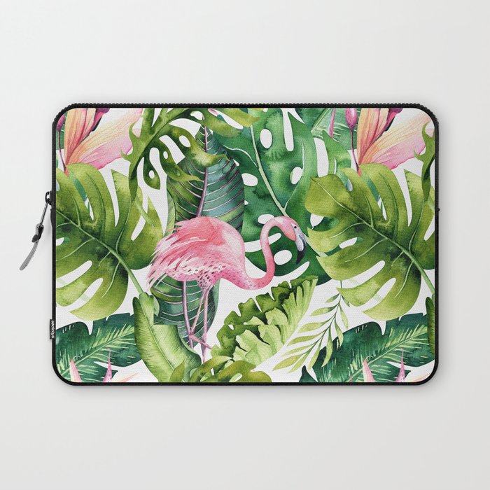 Flamingo Tropical, Colorful Tropical Jungle Monstera Painting, Watercolor Birds Banana Leaves Laptop Sleeve Gallery Image 1