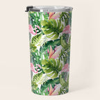 Flamingo Tropical, Colorful Tropical Jungle Monstera Painting, Watercolor Birds Banana Leaves Travel Mug Gallery Image 3