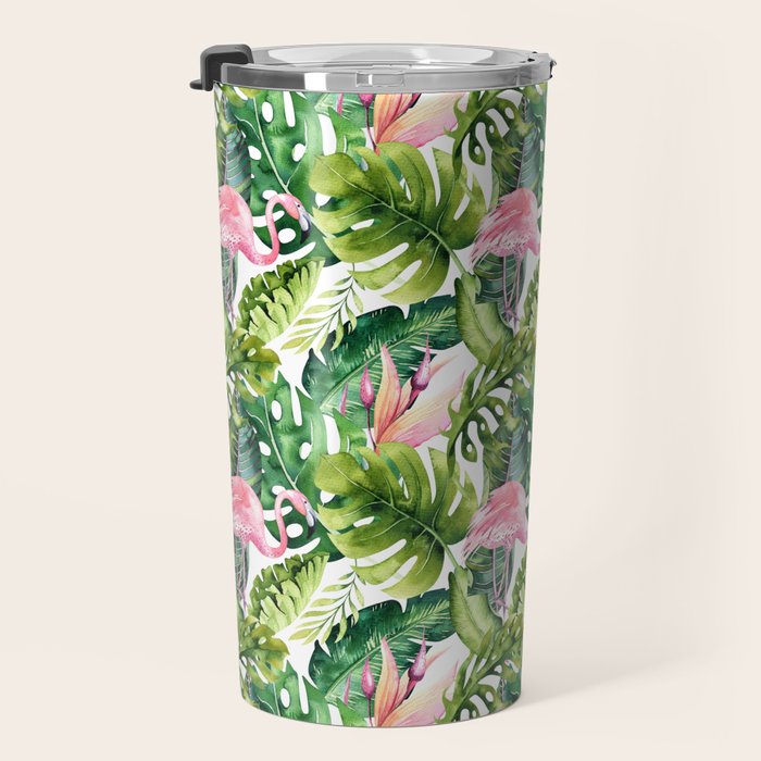 Flamingo Tropical, Colorful Tropical Jungle Monstera Painting, Watercolor Birds Banana Leaves Travel Mug Gallery Image 3