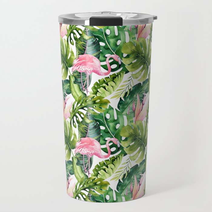 Flamingo Tropical, Colorful Tropical Jungle Monstera Painting, Watercolor Birds Banana Leaves Travel Mug Gallery Image 1