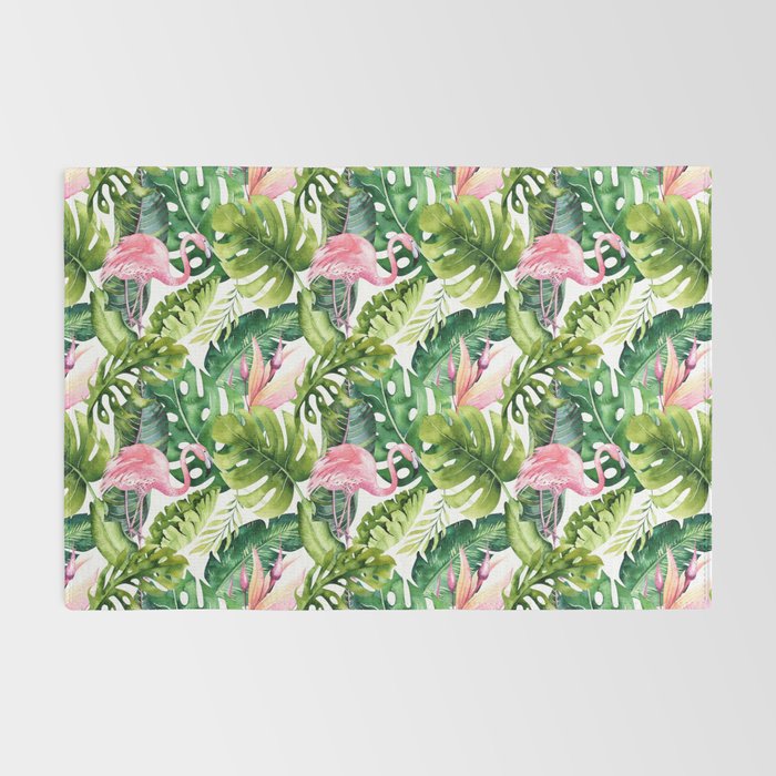 Flamingo Tropical, Colorful Tropical Jungle Monstera Painting, Watercolor Birds Banana Leaves Rug Gallery Image 2
