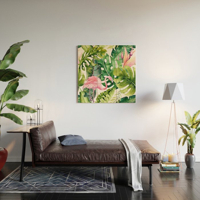 Flamingo Tropical, Colorful Tropical Jungle Monstera Painting, Watercolor Birds Banana Leaves Wood Wall Art Gallery Image 2