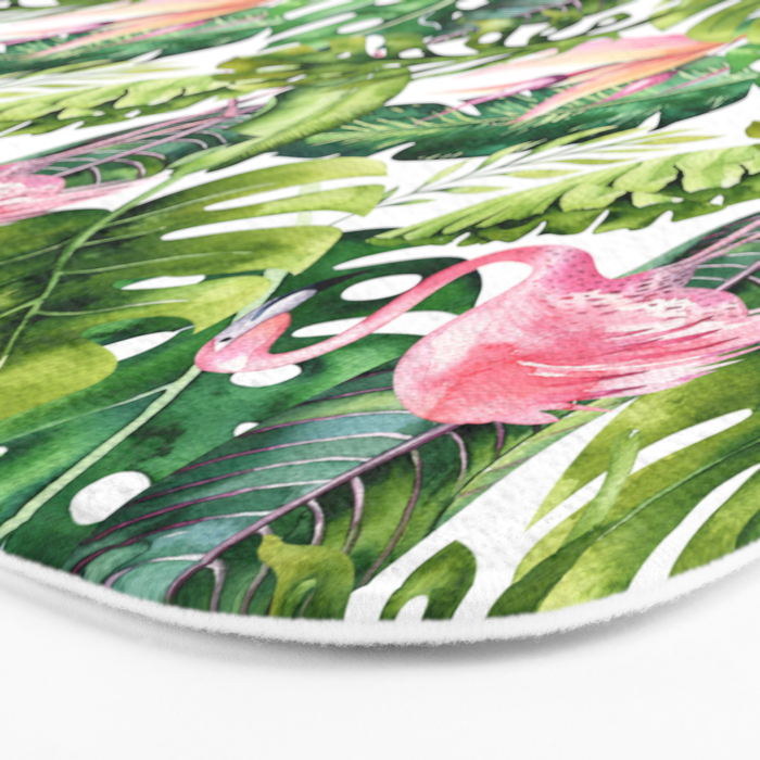 Flamingo Tropical, Colorful Tropical Jungle Monstera Painting, Watercolor Birds Banana Leaves Bath Mat Gallery Image 3
