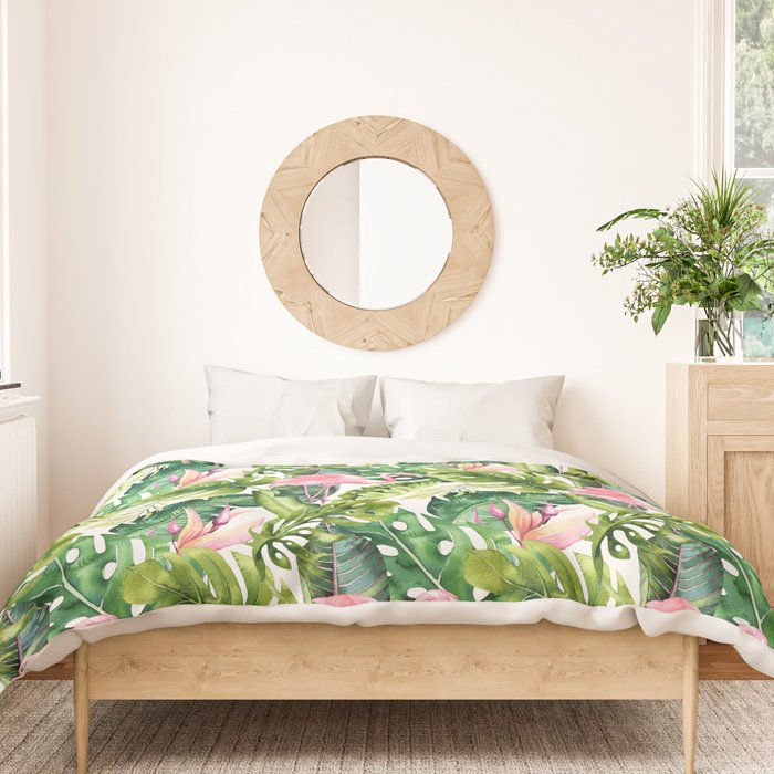 Flamingo Tropical, Colorful Tropical Jungle Monstera Painting, Watercolor Birds Banana Leaves Duvet Cover Gallery Image 3