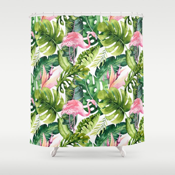 Flamingo Tropical, Colorful Tropical Jungle Monstera Painting, Watercolor Birds Banana Leaves Shower Curtain Gallery Image 1