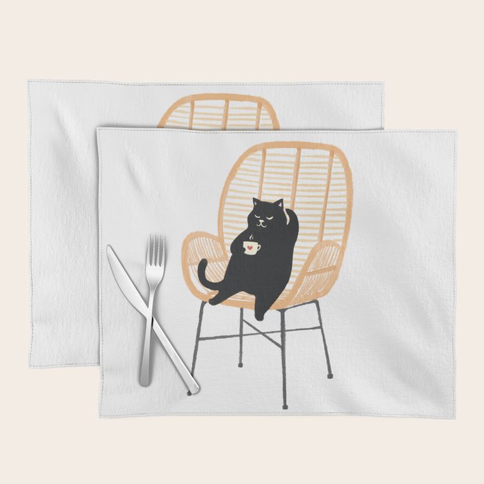 Lazy cat 2 enjoying coffee on rattan chair  Placemat Gallery Image 1
