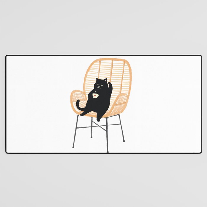 Lazy cat 2 enjoying coffee on rattan chair  Desk Mat Gallery Image 3