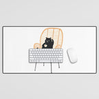Lazy cat 2 enjoying coffee on rattan chair  Desk Mat Gallery Image 1