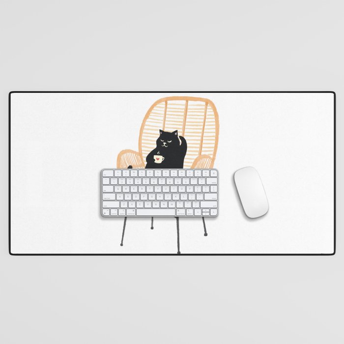 Lazy cat 2 enjoying coffee on rattan chair  Desk Mat Gallery Image 1