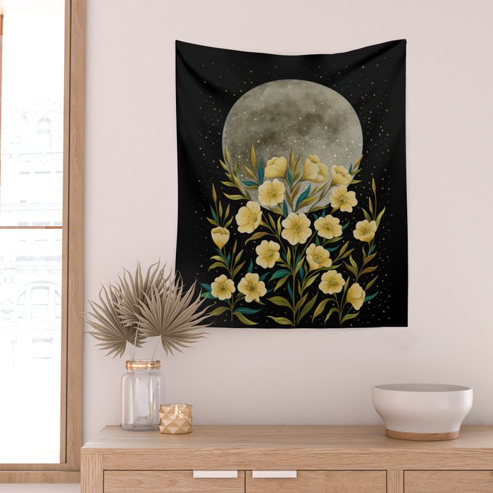 Moon Greeting- Yellow Evening Primrose Wall Tapestry Gallery Image 2