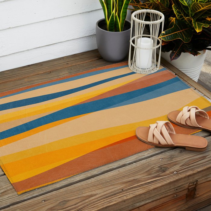 Blue Yellow Burnt-Orange Rust Abstract Artwork Outdoor Rug Gallery Image 2