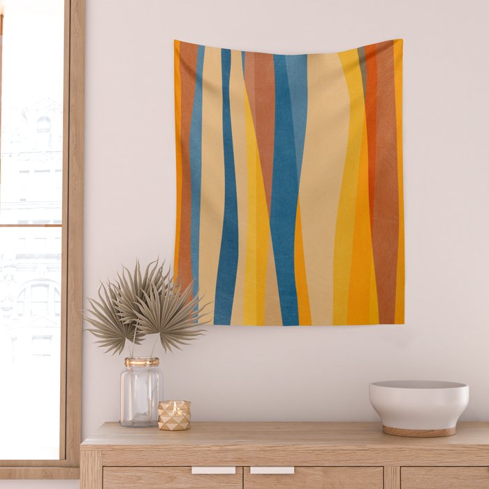 Blue Yellow Burnt-Orange Rust Abstract Artwork Wall Tapestry Gallery Image 2