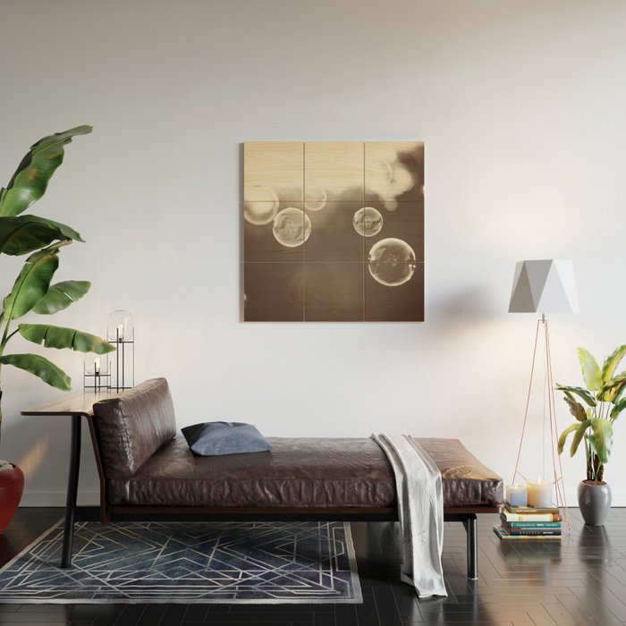 Bubbles Photography, Soap Bubble Laundry Room Art, Bathroom Photo, Brown Bath Picture Restroom Print Wood Wall Art Gallery Image 2