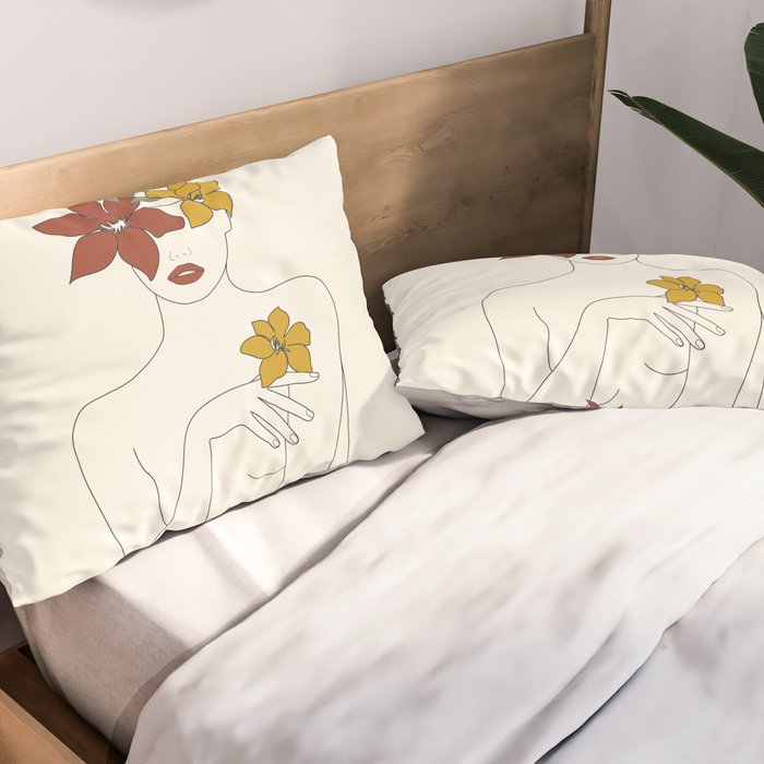 Colorful Thoughts Minimal Line Art Woman with Flowers IV  Pillow Sham Gallery Image 2