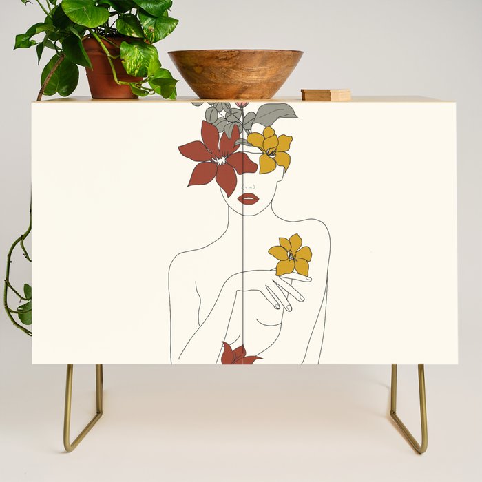 Colorful Thoughts Minimal Line Art Woman with Flowers IV  Credenza Gallery Image 1