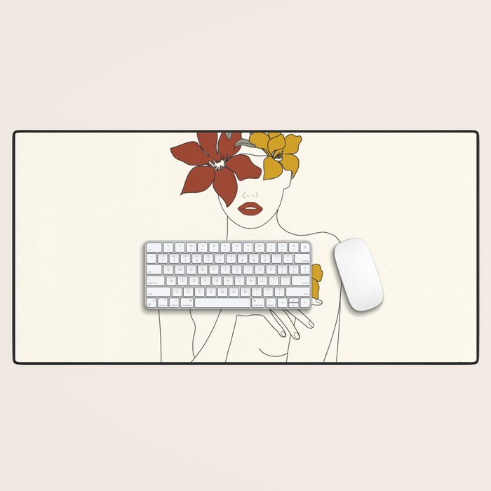 Colorful Thoughts Minimal Line Art Woman with Flowers IV  Desk Mat Gallery Image 1