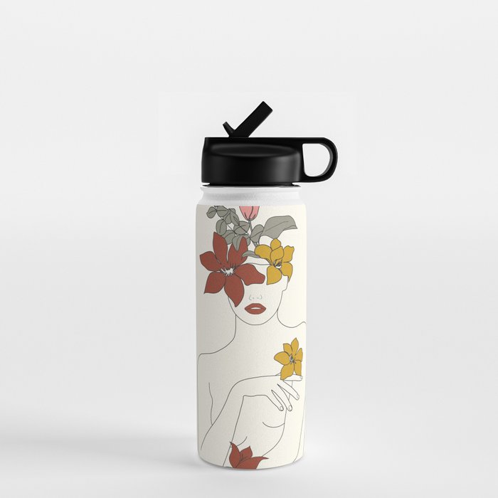 Colorful Thoughts Minimal Line Art Woman with Flowers IV  Water Bottle Gallery Image 1
