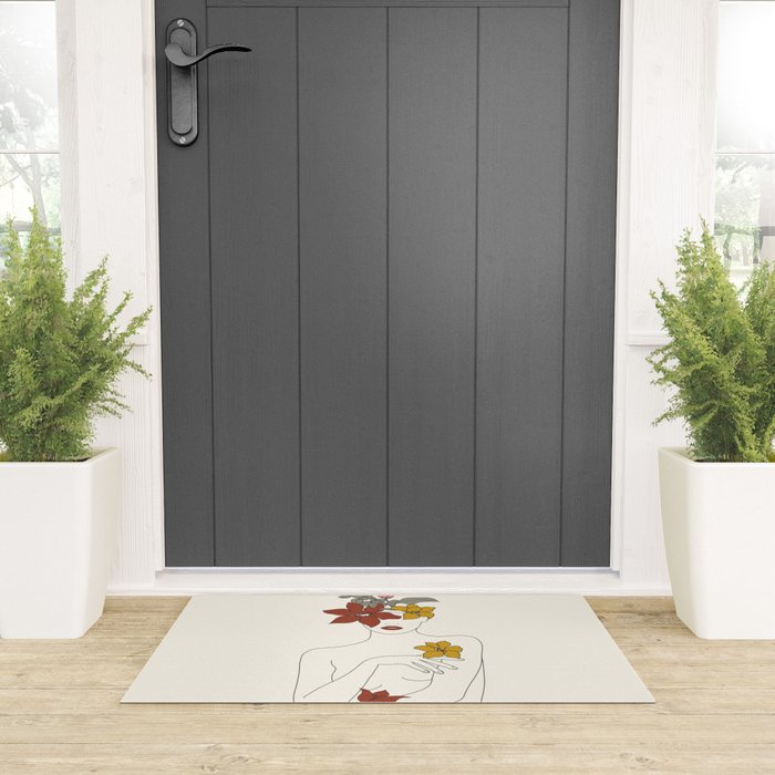 Colorful Thoughts Minimal Line Art Woman with Flowers IV  Welcome Mat Gallery Image 3