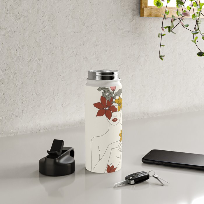 Colorful Thoughts Minimal Line Art Woman with Flowers IV  Water Bottle Gallery Image 4