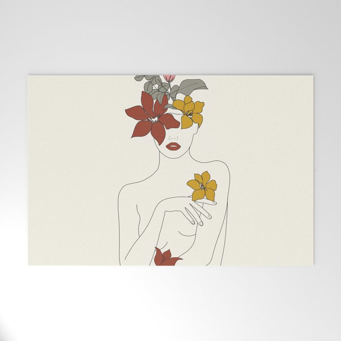 Colorful Thoughts Minimal Line Art Woman with Flowers IV  Welcome Mat Gallery Image 1
