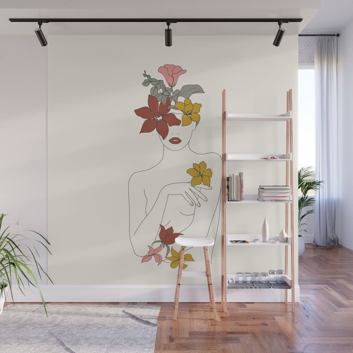 Colorful Thoughts Minimal Line Art Woman with Flowers IV  Wall Mural Gallery Image 1