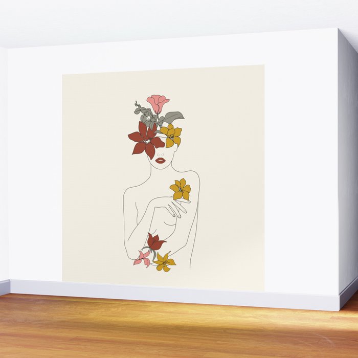 Colorful Thoughts Minimal Line Art Woman with Flowers IV  Wall Mural Gallery Image 2