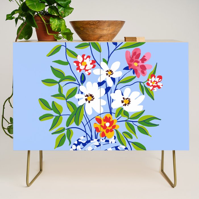 The Floopy Planter, Abstract Flower Pot Illustration, Pop Bohemian Eclectic Botanical, Flower Colorful Blossom Credenza Gallery Image 1