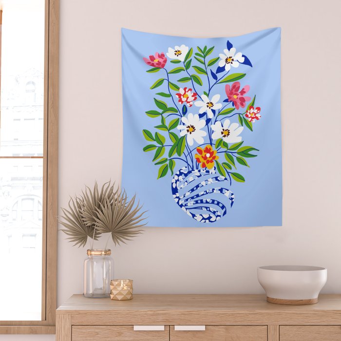 The Floopy Planter, Abstract Flower Pot Illustration, Pop Bohemian Eclectic Botanical, Flower Colorful Blossom Wall Tapestry Gallery Image 2