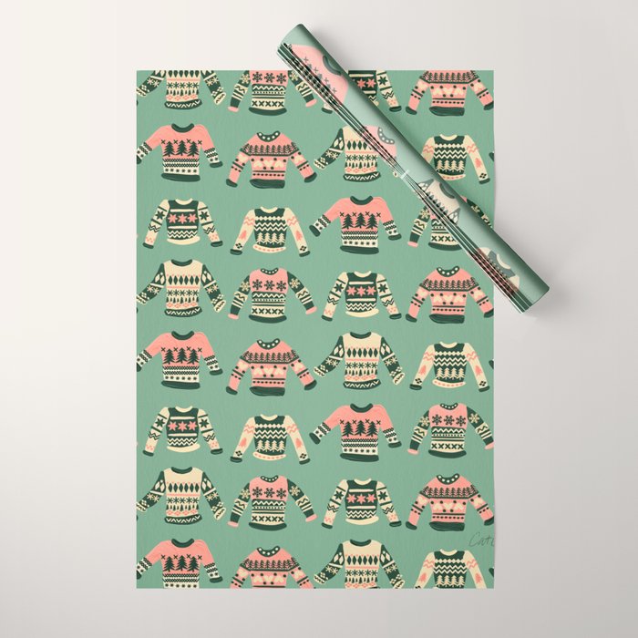 Christmas Sweaters - Vintage Blush Mint Palette Wrapping Paper Gallery Image 1