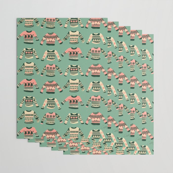Christmas Sweaters - Vintage Blush Mint Palette Wrapping Paper Gallery Image 3