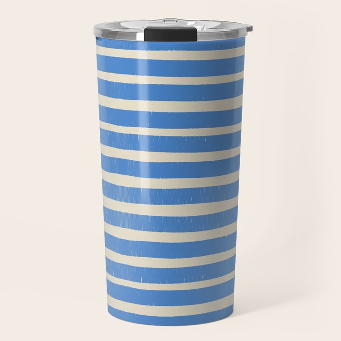 Nautical Blue White Stripes Hand Painted Coastal Pattern Travel Mug Gallery Image 1