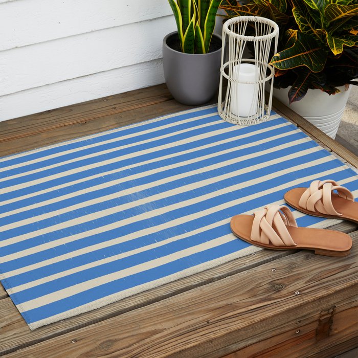 Nautical Blue White Stripes Hand Painted Coastal Pattern Outdoor Rug Gallery Image 2