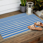 Nautical Blue White Stripes Hand Painted Coastal Pattern Outdoor Rug Gallery Image 2