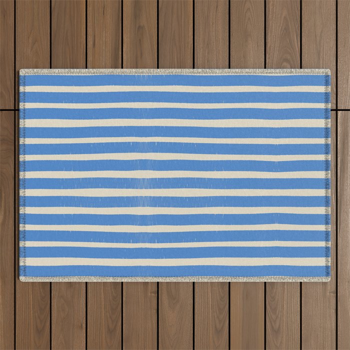 Nautical Blue White Stripes Hand Painted Coastal Pattern Outdoor Rug Gallery Image 1