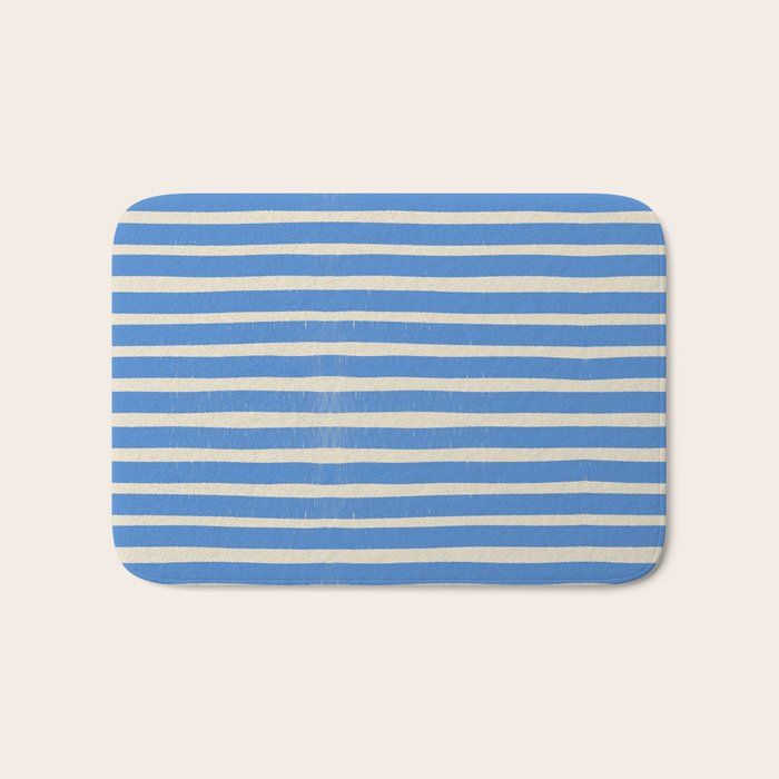 Nautical Blue White Stripes Hand Painted Coastal Pattern Bath Mat Gallery Image 1