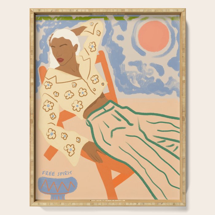 Free Spirit, Wild Bohemian Hippie Brown Woman, Fashion Eclectic Contemporary Boho Spring, Sunny Day Travel Style Pastel Painting Serving Tray Gallery Image 1