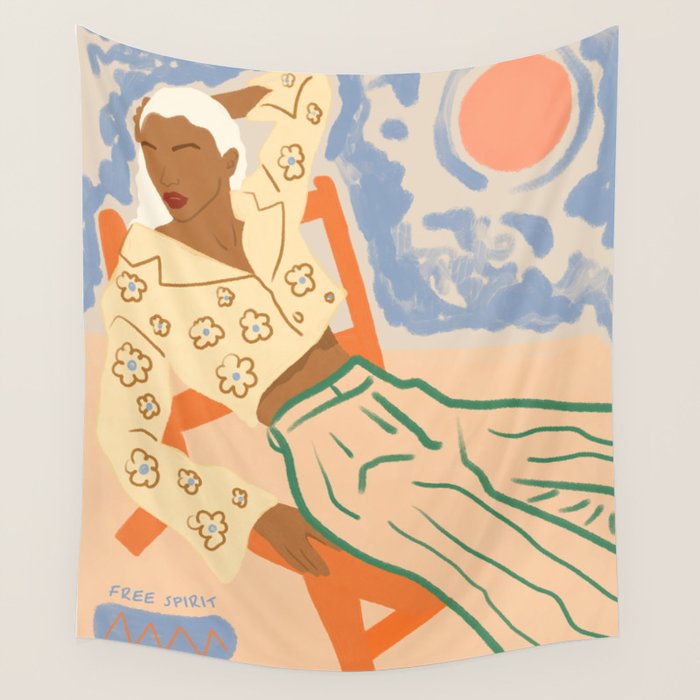 Free Spirit, Wild Bohemian Hippie Brown Woman, Fashion Eclectic Contemporary Boho Spring, Sunny Day Travel Style Pastel Painting Wall Tapestry Gallery Image 1