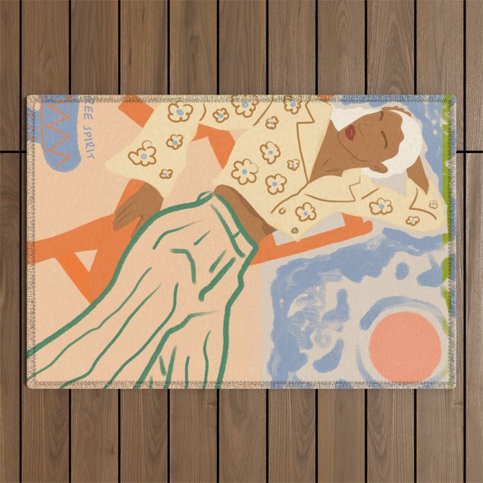Free Spirit, Wild Bohemian Hippie Brown Woman, Fashion Eclectic Contemporary Boho Spring, Sunny Day Travel Style Pastel Painting Outdoor Rug Gallery Image 1