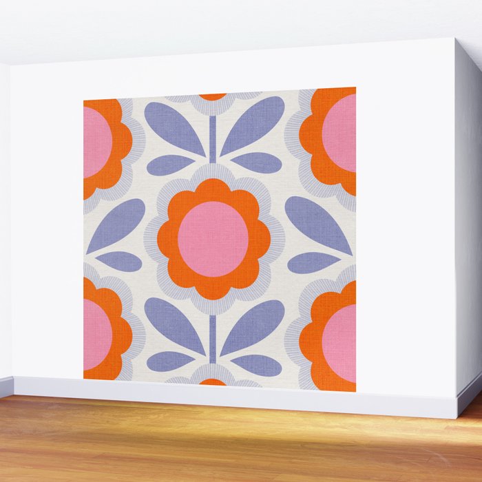 HELLO BOLD RETRO DAISY FLOWERS PATTERN IN BLOOM 1. BLUE Wall Mural Gallery Image 2