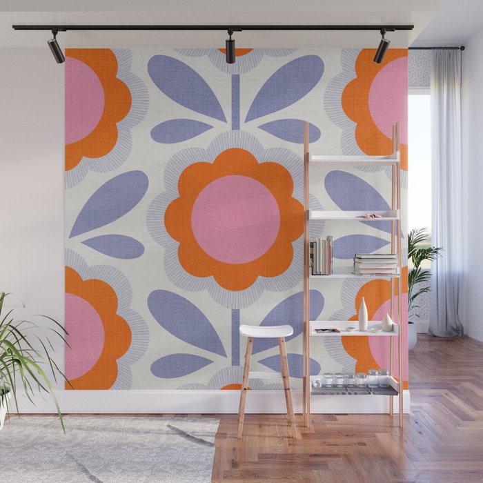 HELLO BOLD RETRO DAISY FLOWERS PATTERN IN BLOOM 1. BLUE Wall Mural Gallery Image 1