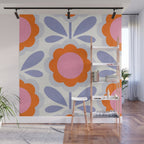 HELLO BOLD RETRO DAISY FLOWERS PATTERN IN BLOOM 1. BLUE Wall Mural Gallery Image 1