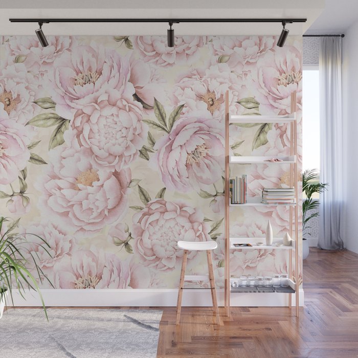 Pastel Blush Pink Spring Watercolor Peony Flowers Pattern Wall Mural Gallery Image 1
