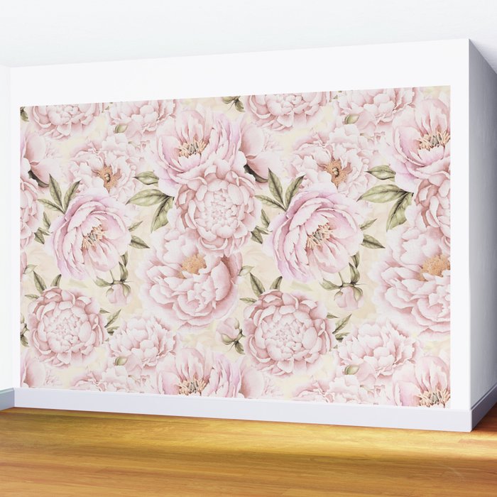 Pastel Blush Pink Spring Watercolor Peony Flowers Pattern Wall Mural Gallery Image 2