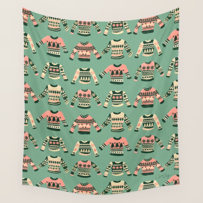 Christmas Sweaters - Vintage Blush Mint Palette Wall Tapestry Gallery Image 4