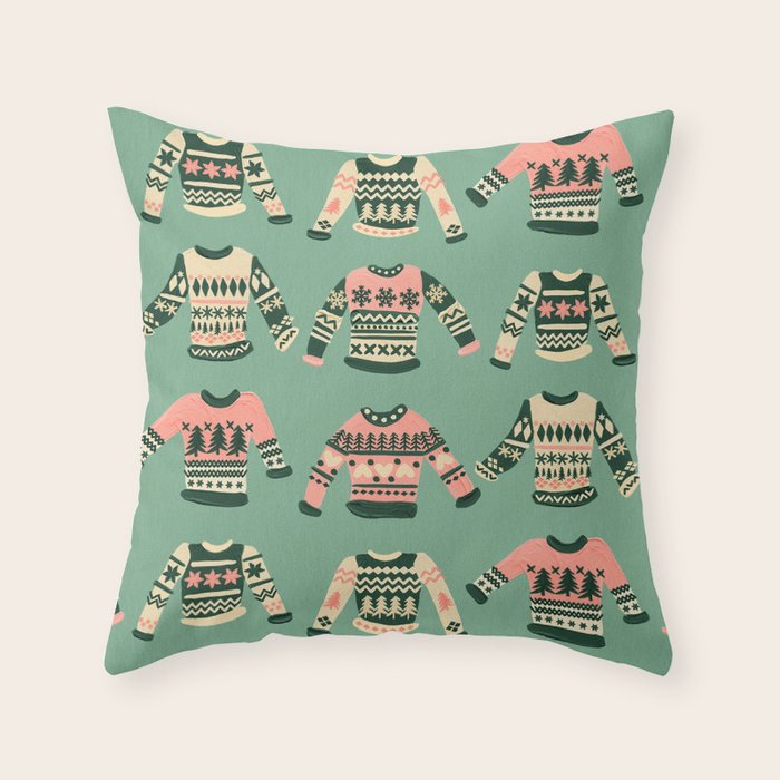 Christmas Sweaters - Vintage Blush Mint Palette Throw Pillow Gallery Image 6